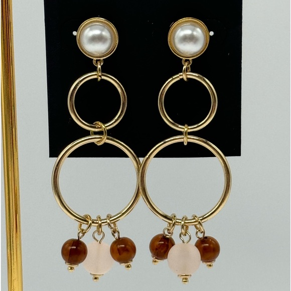 INC Boho Tri-Circle Drop Earrings with Faux Pearl & Dangling Stones on Gold Tone - Picture 4 of 10